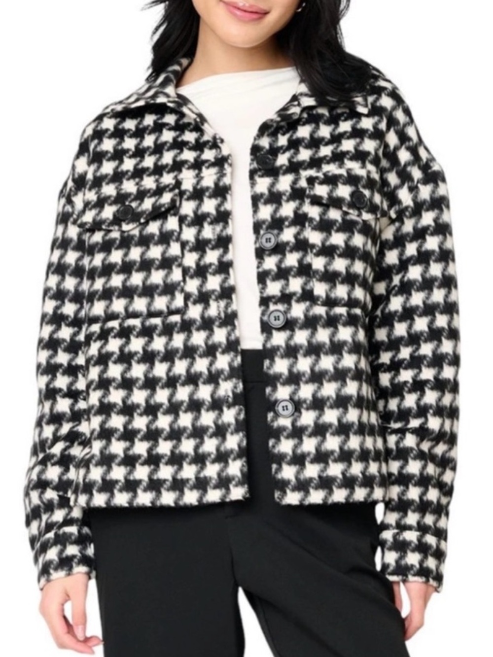 Sanctuary Black & White Brushed Houndstooth Boxy Blazer Shacket